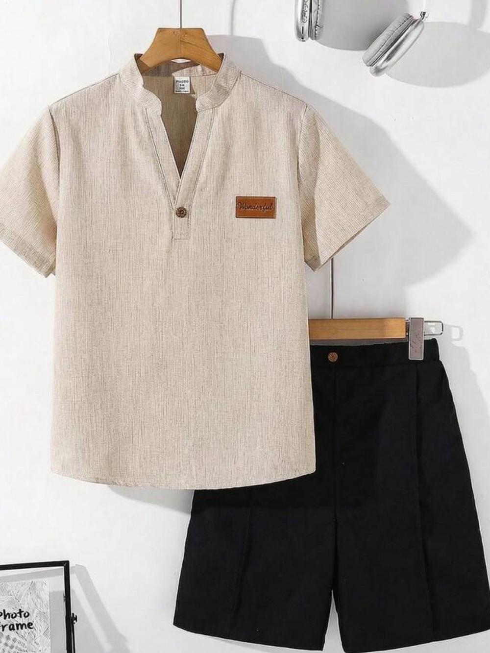 Casual Linen-Blend Henley Top with Black Shorts - Beige & Black